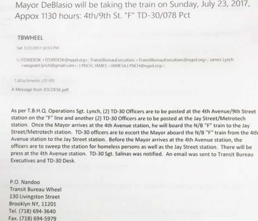 Email proves homeless removal order before mayor’s subway ride: Report