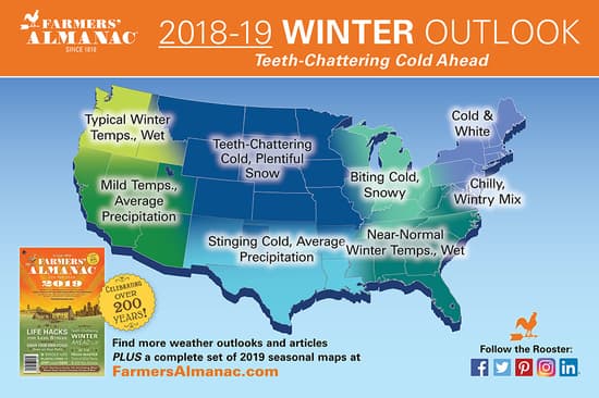 Farmers' Almanac winter 2019 forecast map