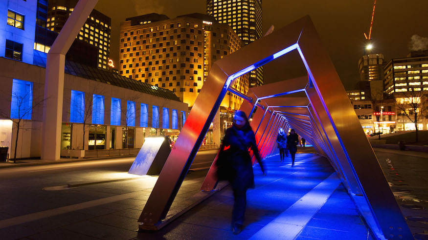 iceberg public art nyc glowing sculptures musical arches garment district broadway